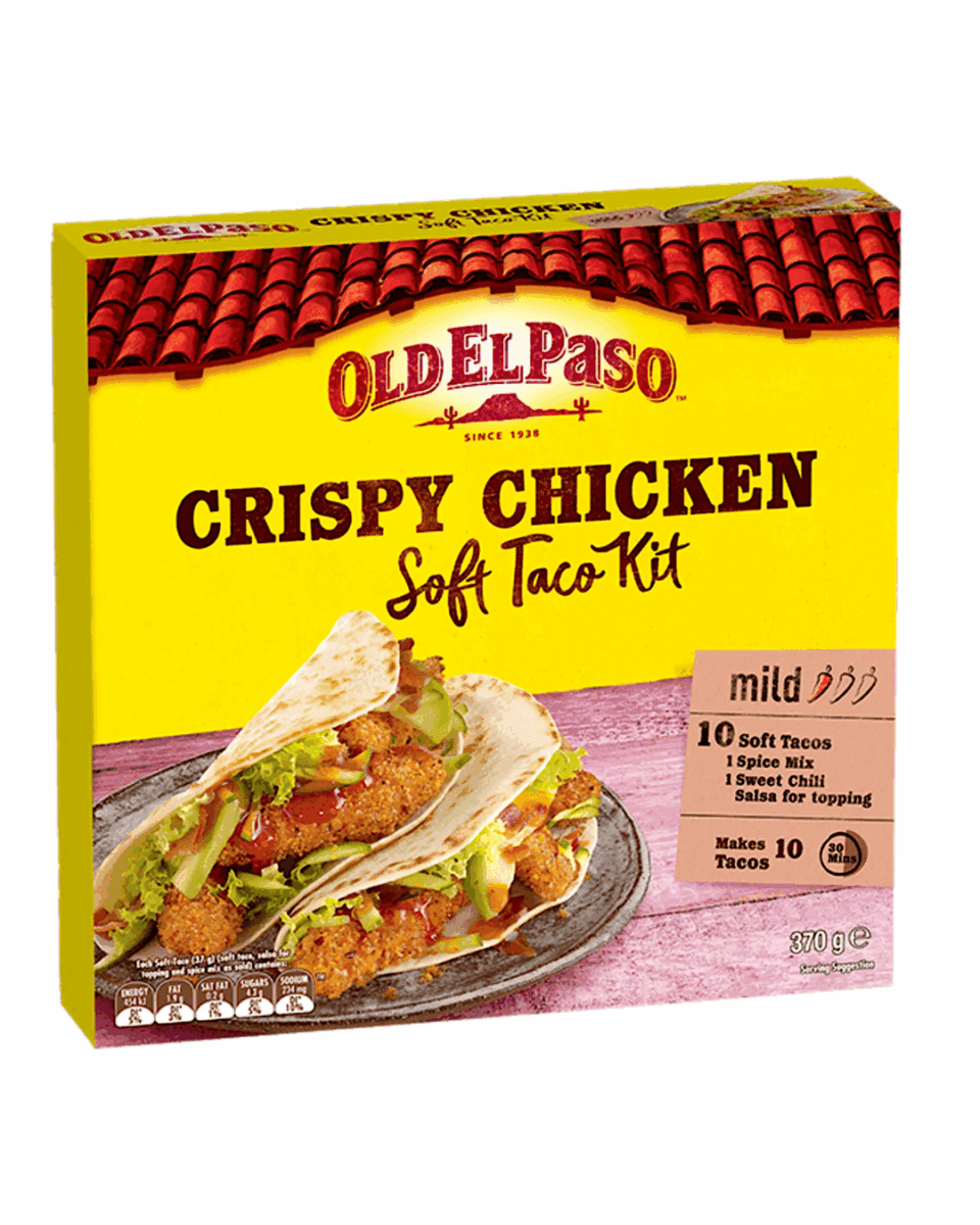 Old El Paso Crispy Chicken Soft Taco Kit, preservative-free, mild, 10 tacos, 370g package.