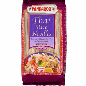Pandaroo Thai Rice Noodles 200g package, gluten-free, salt-free, 99% fat-free, purple packaging.