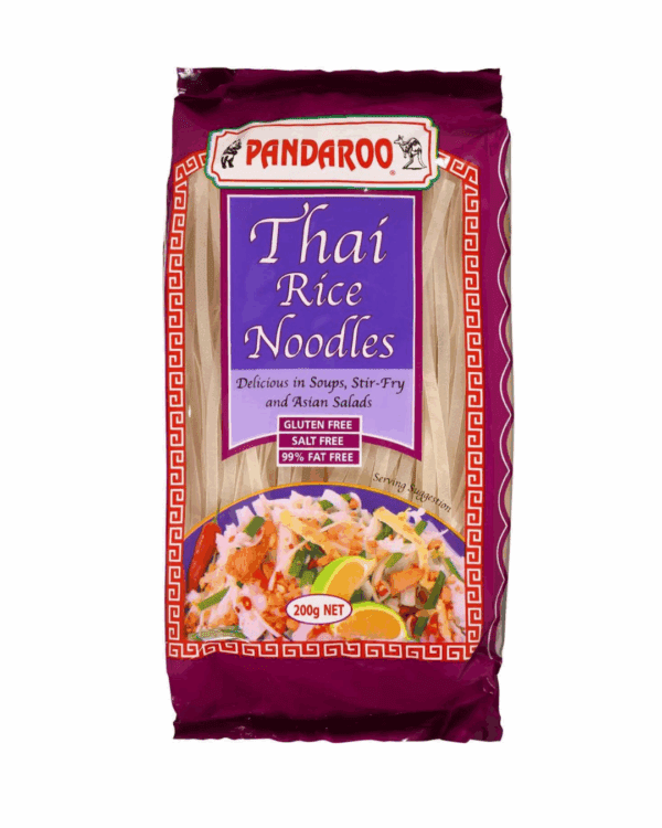 Pandaroo Thai Rice Noodles 200g package, gluten-free, salt-free, 99% fat-free, purple packaging.