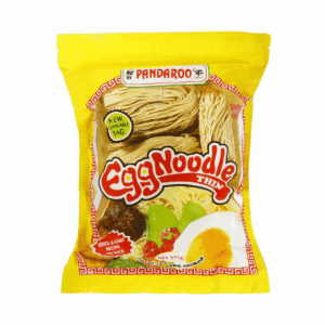 Pandaroo 375g thin egg noodles package with resealable bag feature, yellow with food images.