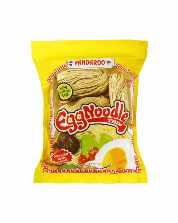 Pandaroo 375g thin egg noodles package with resealable bag feature, yellow with food images.