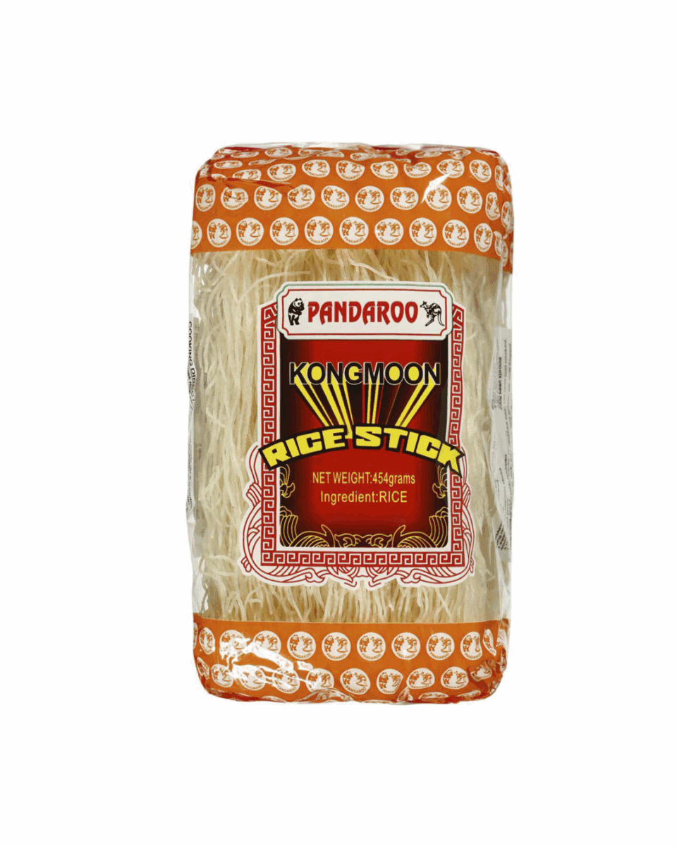 Pandaroo Kongmoon Rice Stick noodles, 454g, single rice ingredient, Asian-themed packaging.