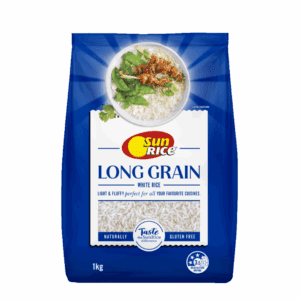 1 kg SunRice Long Grain White Rice package, gluten-free, serving suggestion with fried rice.