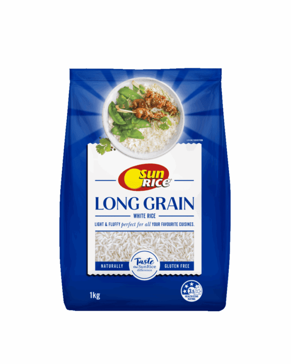 1 kg SunRice Long Grain White Rice package, gluten-free, serving suggestion with fried rice.