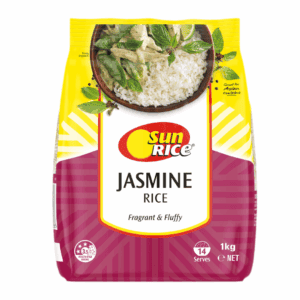SunRice Jasmine Rice package, 1 kg, aromatic, fluffy, gluten-free, ideal for Thai dishes.