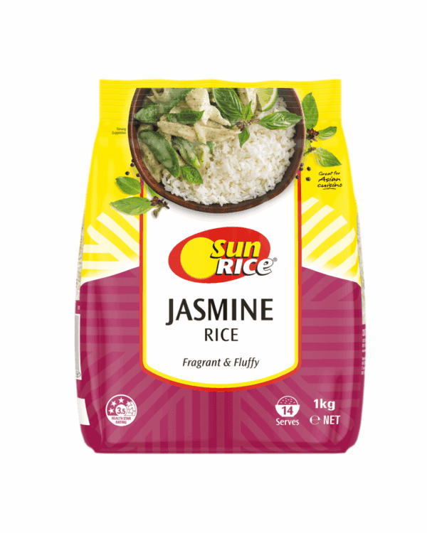 SunRice Jasmine Rice package, 1 kg, aromatic, fluffy, gluten-free, ideal for Thai dishes.