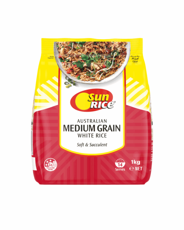 SunRice Medium Grain Calrose Rice 1kg, gluten-free, ideal for Middle Eastern and Spanish dishes.