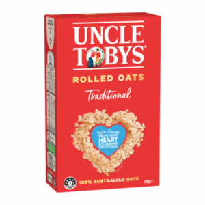 Uncle Tobys Traditional Rolled Oats 500g box, heart design, highlights beta-glucan benefits.
