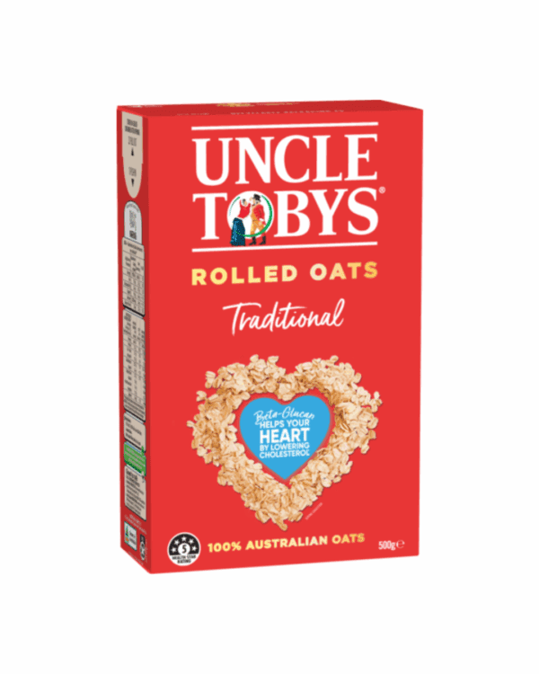 Uncle Tobys Traditional Rolled Oats 500g box, heart design, highlights beta-glucan benefits.