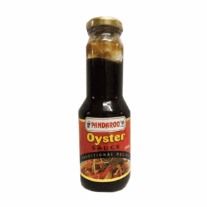 Pandaroo Oyster Sauce bottle with a gold cap and red label, 250ml, Traditional Recipe.