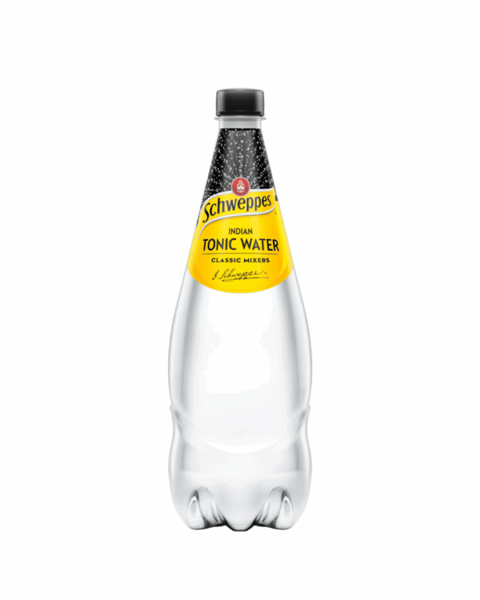 Clear plastic bottle of Schweppes Indian Tonic Water with yellow label and black cap.