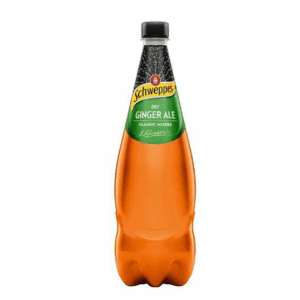 Schweppes Dry Ginger Ale bottle with green label, orange tint, and black cap.