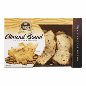 Box of almond bread by Crostoli King, thin, light, crunchy, product of Australia.