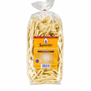 Plastic bag of Squisito Maccheroni Calabresi pasta with red label band.
