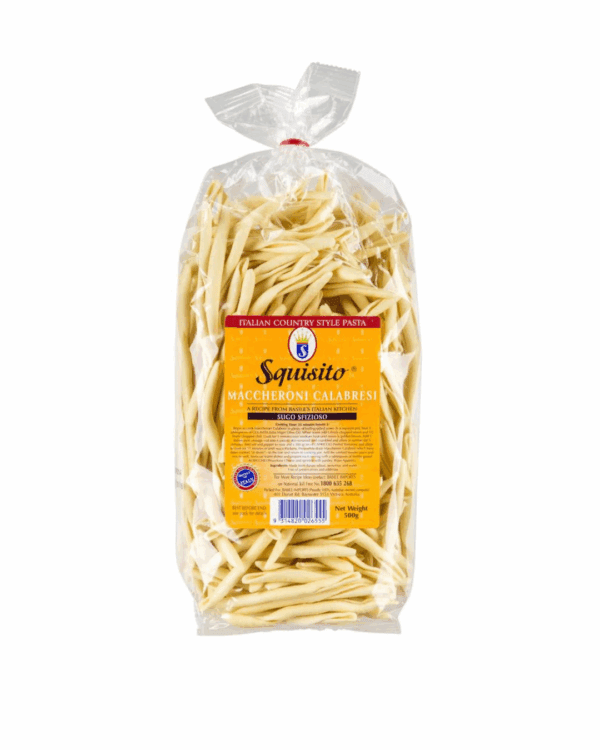 SQUISITO MACCHERONI CALABRESI Plastic bag of Squisito Maccheroni Calabresi pasta with red label band.