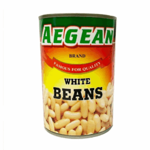 Can of AEGEAN white beans labeled "Famous for Quality" with green, red, yellow design.