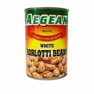 Aegean white borlotti beans can with colorful label, beans illustration, quality noted.