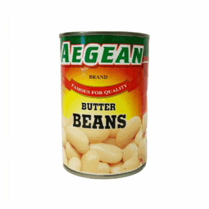 Aegean brand can of butter beans with green and yellow label, "famous for quality."