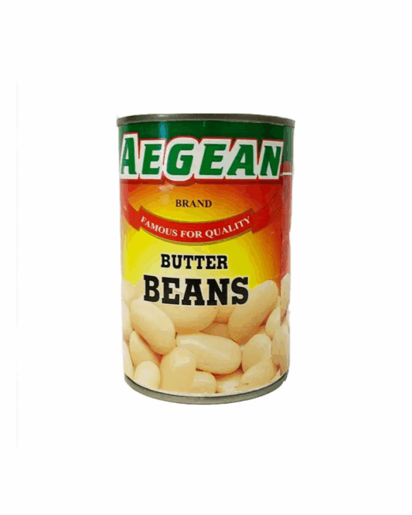 Aegean brand can of butter beans with green and yellow label, "famous for quality."