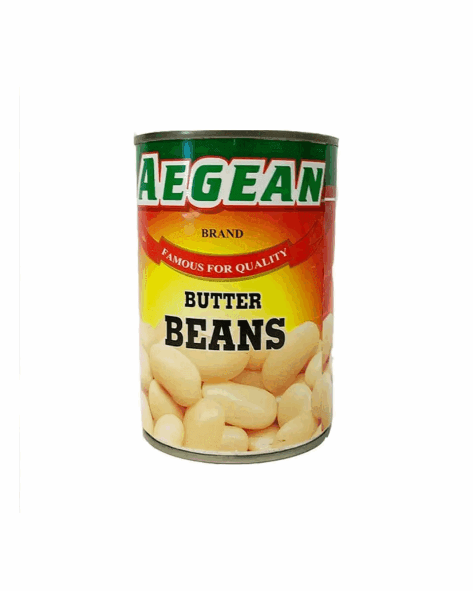 Aegean brand can of butter beans with green and yellow label, "famous for quality."