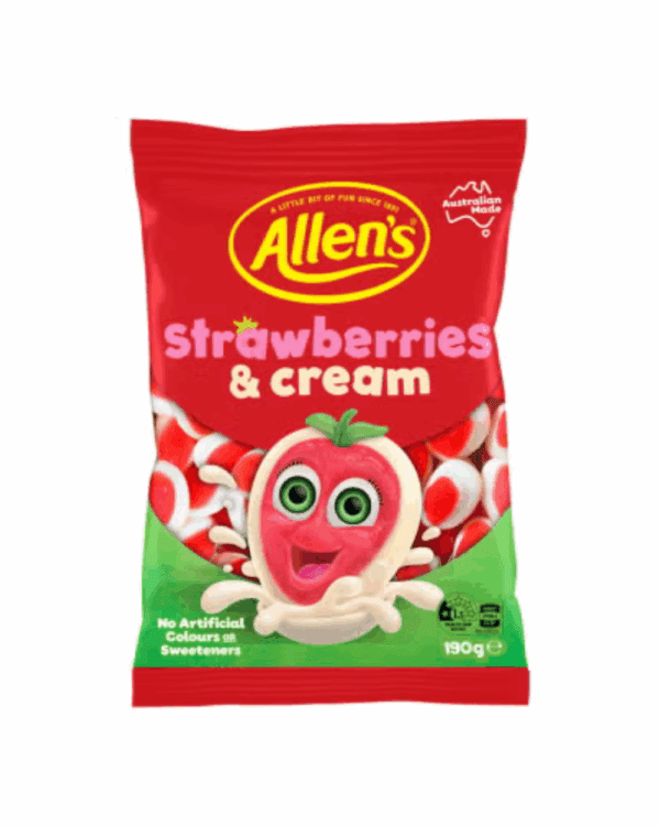 ALLENS STRAWBERRY AND CREAM Allen's Strawberries & Cream candy package, red, smiling strawberry, 190g, Australian made.