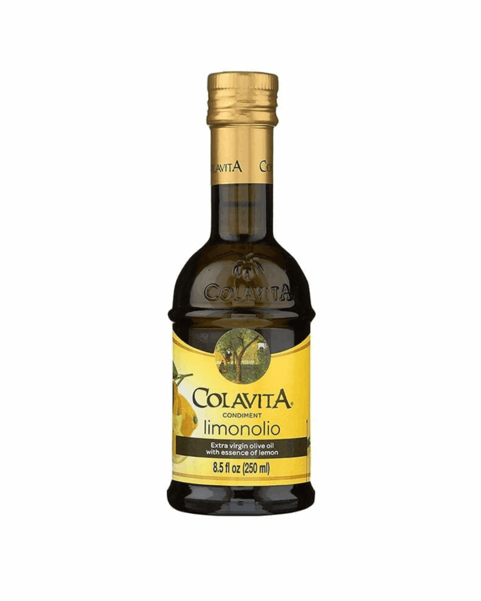 Colavita Limonolio olive oil with lemon essence, 8.5 fl oz, yellow label, lemon design.