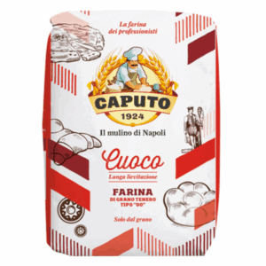 Caputo "00" flour package with baking illustrations and brand details from Napoli.