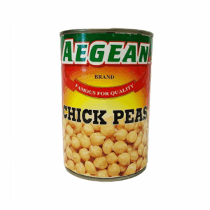 Aegean brand chickpeas can with "Famous for Quality" on red-yellow gradient label.