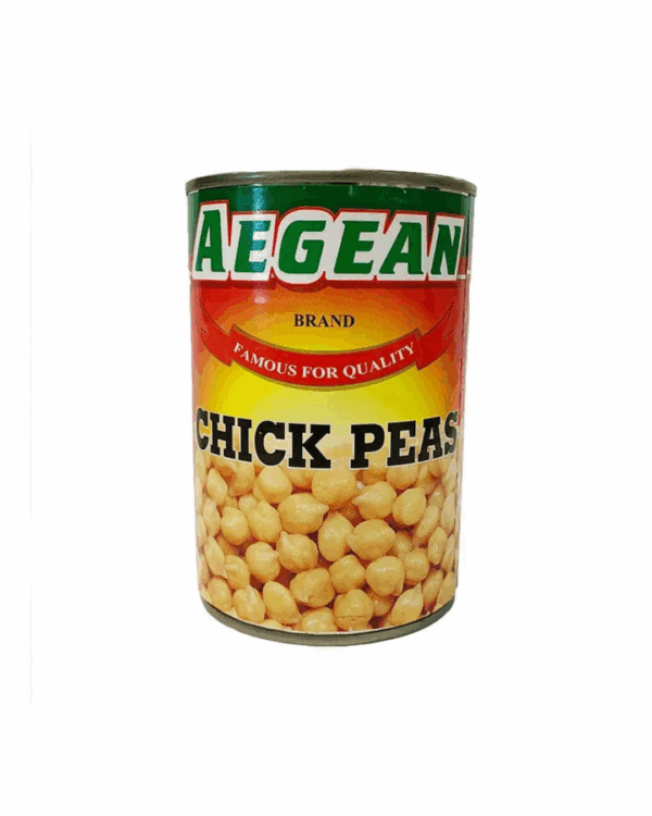Aegean brand chickpeas can with "Famous for Quality" on red-yellow gradient label.