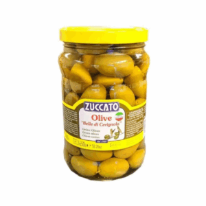 Jar of Zuccato Olive "Belle di Cerignola," 1650g, with yellow lid and multi-language label.