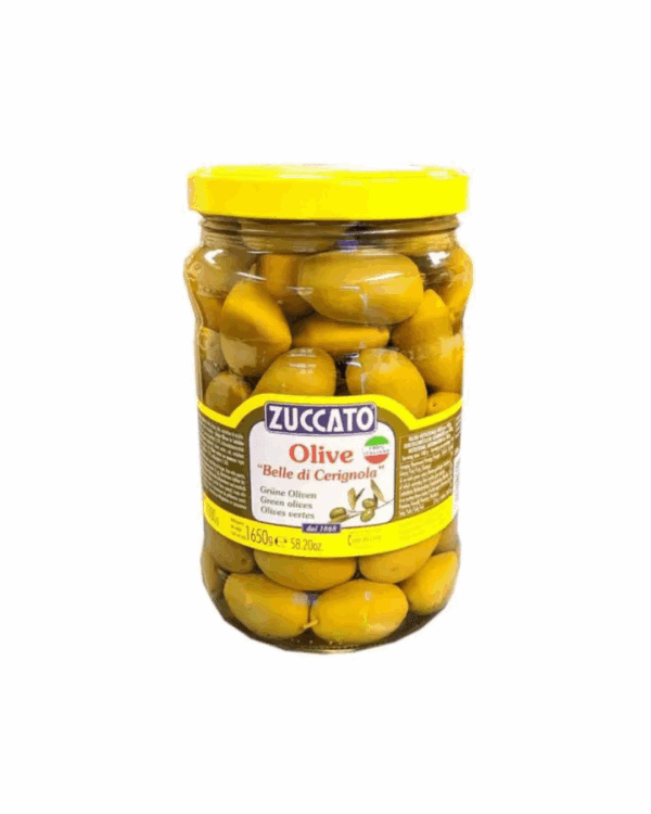 Jar of Zuccato Olive "Belle di Cerignola," 1650g, with yellow lid and multi-language label.
