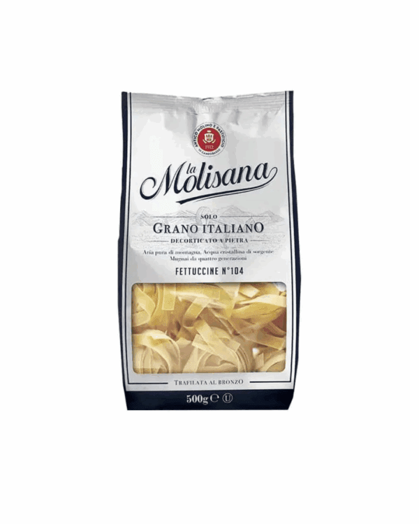 La Molisana Fettuccine No. 104 Package La Molisana fettuccine pasta, 500g, Italian wheat, transparent packaging section.