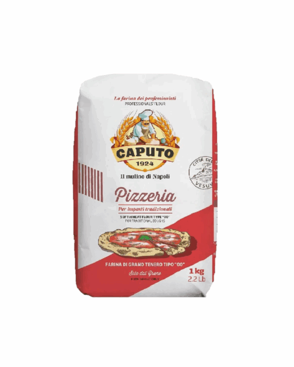 Caputo Pizzeria flour package, 1 kg, type "00" for traditional doughs, chef graphic.
