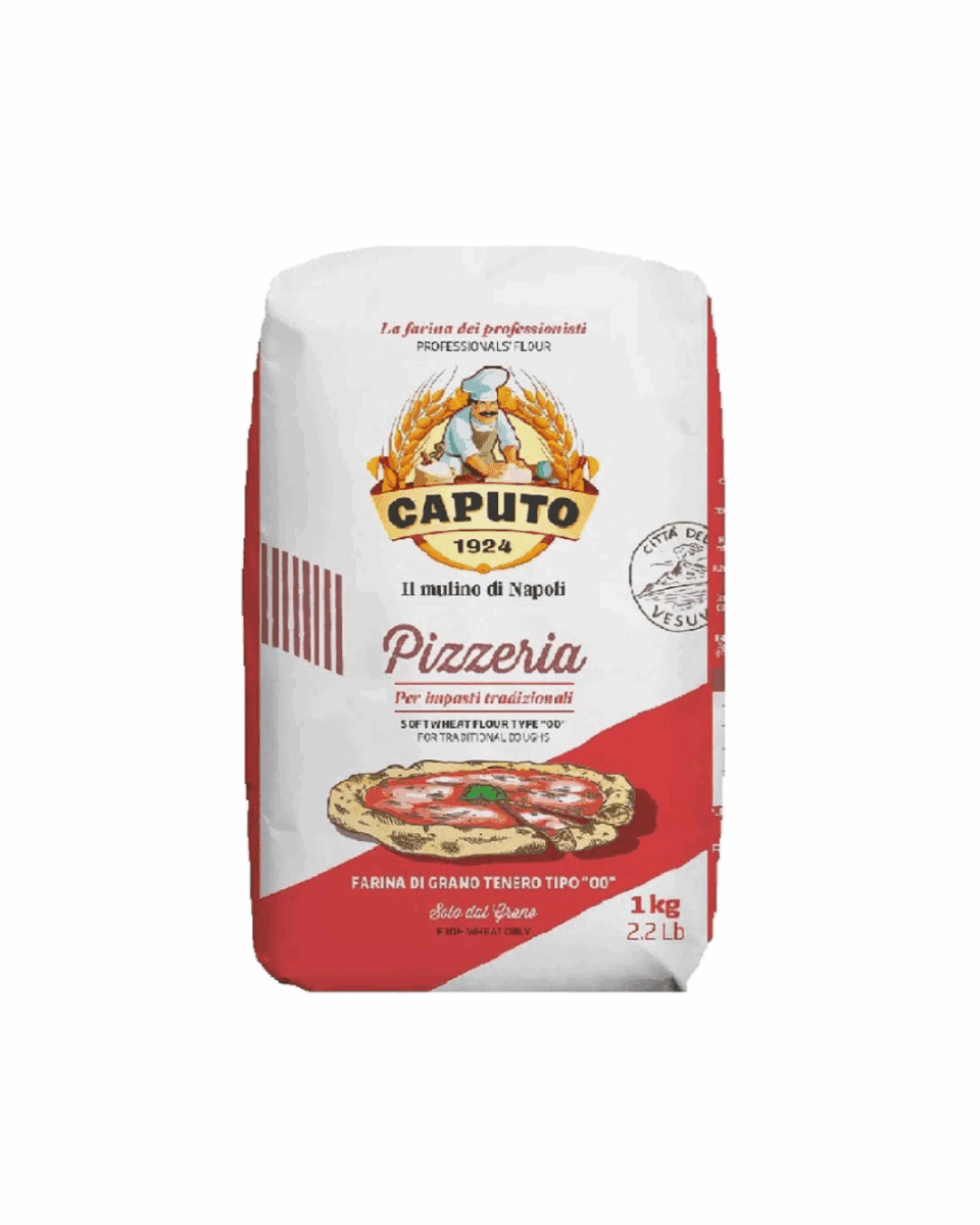 Caputo Pizzeria flour package, 1 kg, type "00" for traditional doughs, chef graphic.