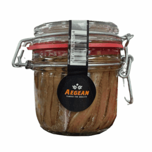 Glass jar with clamp lid, contains anchovy fillets, "Aegean" label, red gasket for sealing.