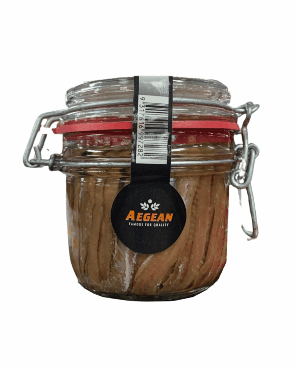 Glass jar with clamp lid, contains anchovy fillets, "Aegean" label, red gasket for sealing.