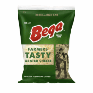 Green package of Bega Farmers' Tasty Grated Cheese, 500g, resealable, Sydney Royal endorsed.