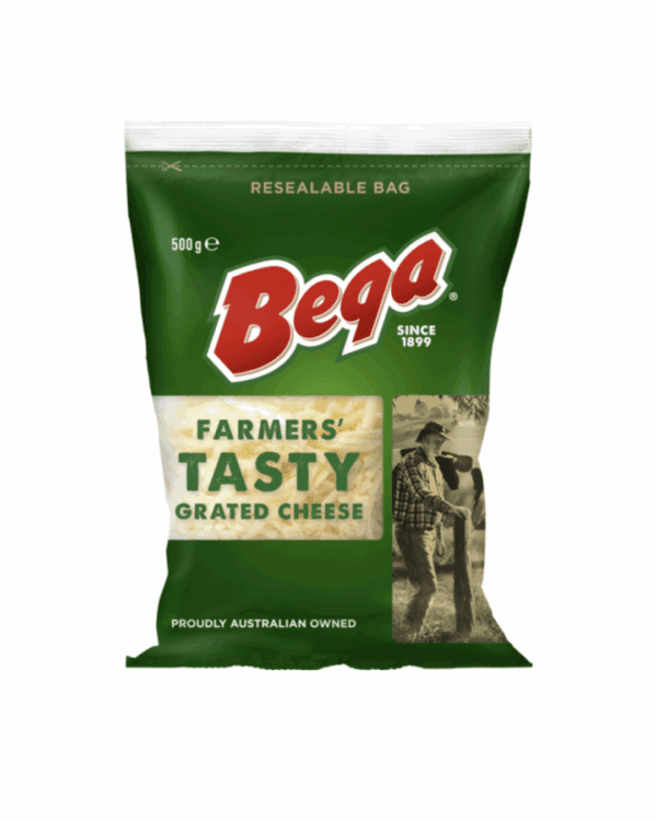 Green package of Bega Farmers' Tasty Grated Cheese, 500g, resealable, Sydney Royal endorsed.