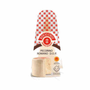 Packaged wedge of Auricchio Pecorino Romano D.O.P. cheese with patterned wrapper.
