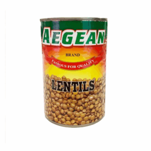 Can of Aegean lentils labeled "Famous for Quality," with green, yellow, and red colors.