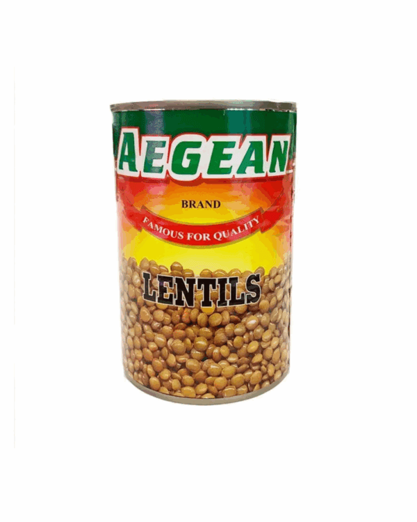 Can of Aegean lentils labeled "Famous for Quality," with green, yellow, and red colors.