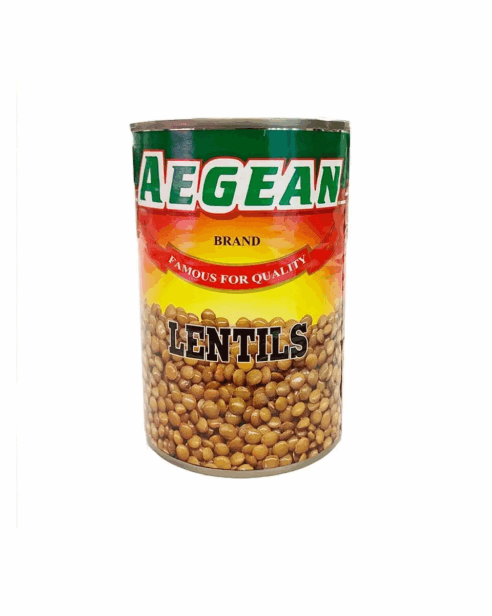 Can of Aegean lentils labeled "Famous for Quality," with green, yellow, and red colors.