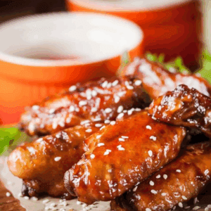 Plate of glazed chicken wings with sesame seeds on parchment, orange bowls in background.