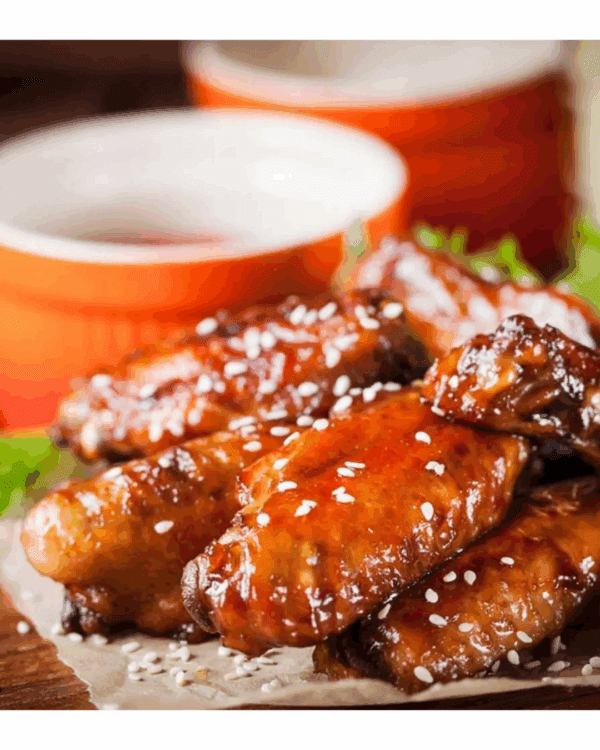 Plate of glazed chicken wings with sesame seeds on parchment, orange bowls in background.