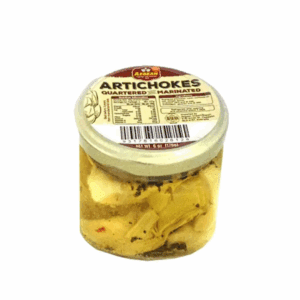 Jar of marinated, quartered artichokes with label, brand logo, and nutritional info, 6 oz.