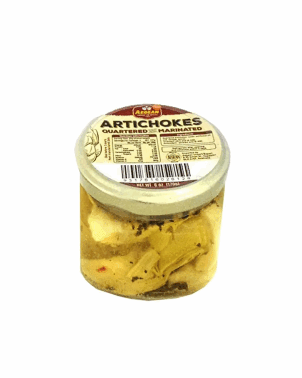 Jar of marinated, quartered artichokes with label, brand logo, and nutritional info, 6 oz.