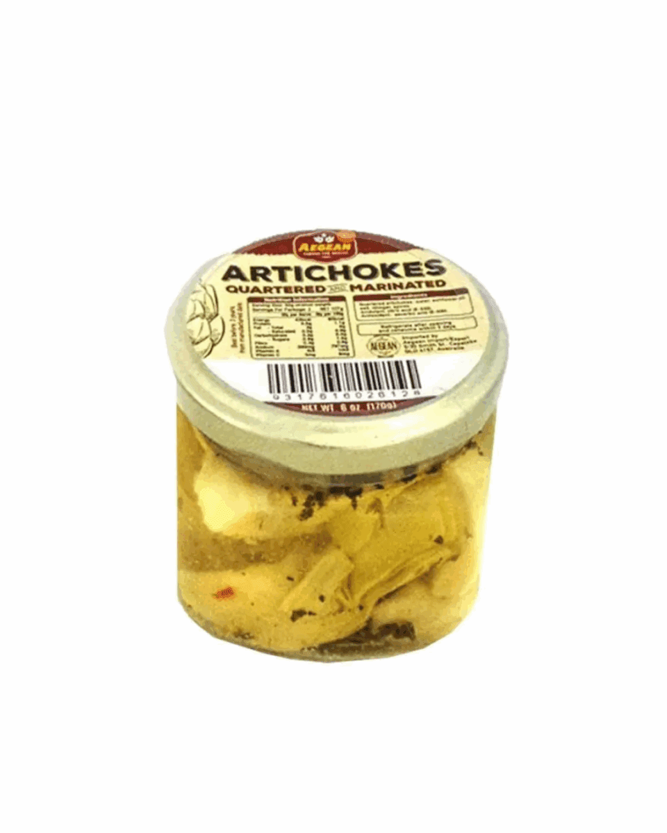 Jar of marinated, quartered artichokes with label, brand logo, and nutritional info, 6 oz.