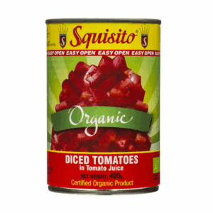 Squisito organic diced tomatoes can, 400g in juice, easy-open, certified organic.