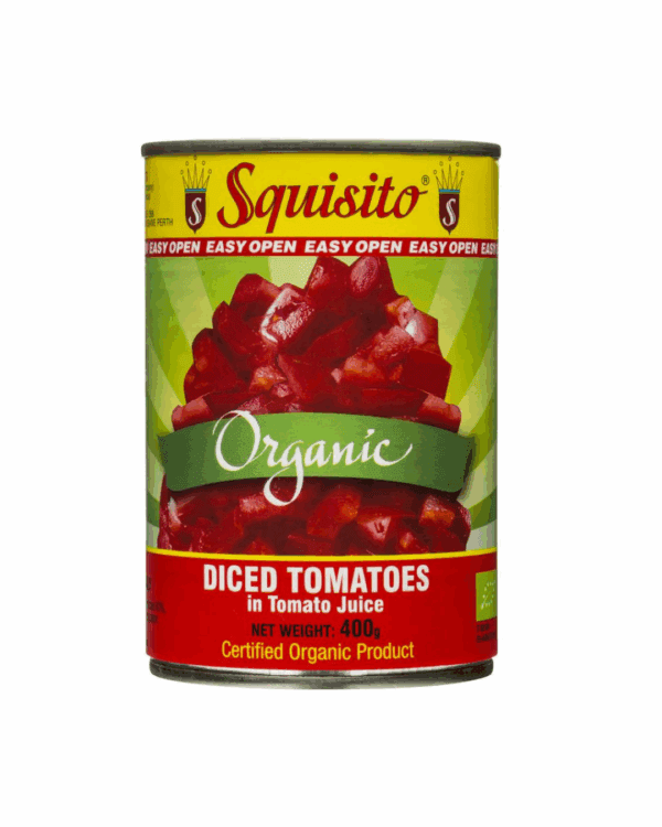 Squisito organic diced tomatoes can, 400g in juice, easy-open, certified organic.