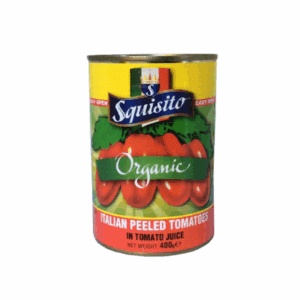 Organic Italian peeled tomatoes, 400g can, featuring bright red design, easy open lid.